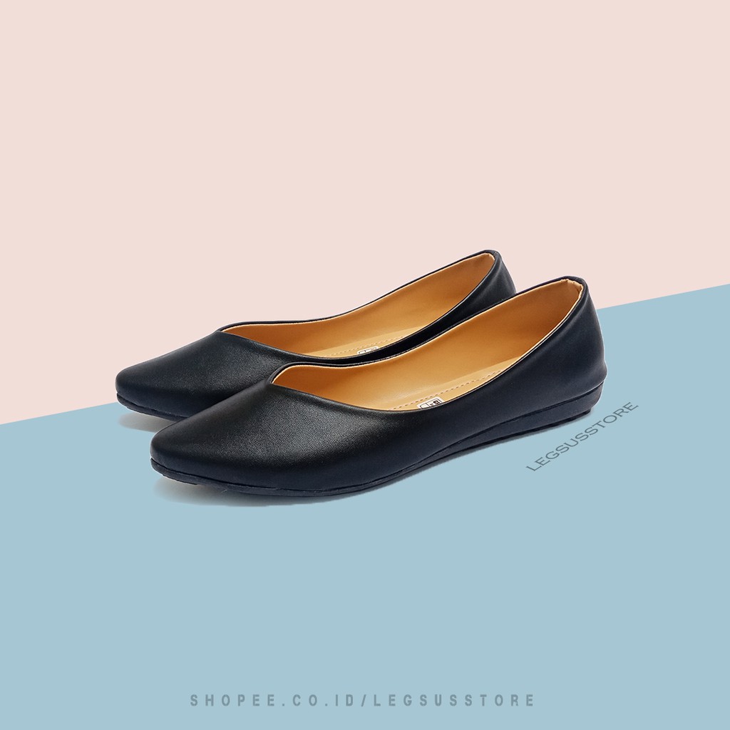 Sepatu Flat Shoes Wanita Bahan Kulit Warna Hitam / Plat Shoes Polos / Flatshoes Teplek Kerja (MH06)