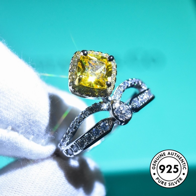 Cincin S925 Silver Bentuk Kotak Aksen Berlian Warna Kuning