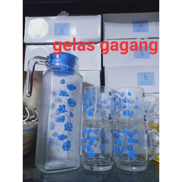 teko  gelas  kaca free 4 pcs gelas gagang