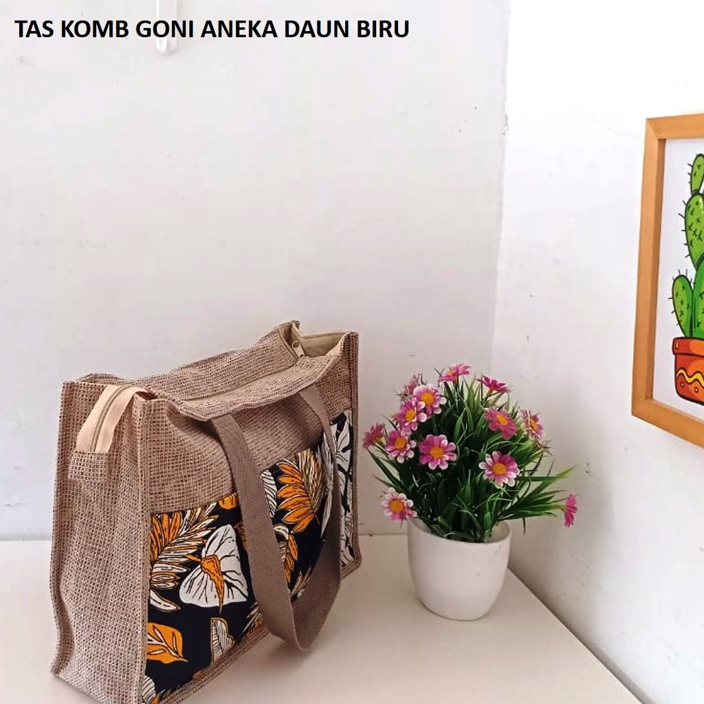 TAS KANVAS TAS GONI SINTETIS KOMBINASI KANVAS MOTIF ANEKA DAUN BIRU. RIENS COLLECTIONS