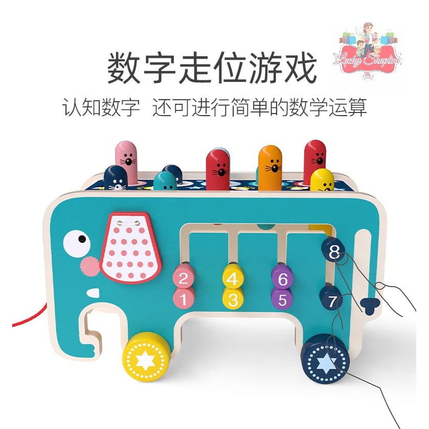 [BIG SALE] elephant hitting hamster wooden knock toys - pull push truck - mainan edukasi anak