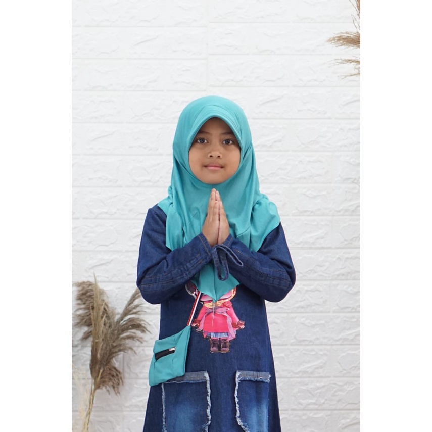 gamis jeans LOL LED anak plus kerudung dan tas 2-10thn