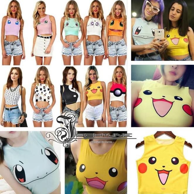Fxjw Grosir Kaos Baju Tank Top Crop Tee Pokemon Pikachu Untuk Wanita Impor F4Jp
