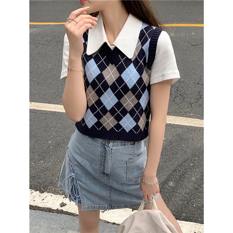 Rompi rajut Kotak-kotak Rompi Rajut Korea Gaya retro Vest knit baju crop Vest korean style