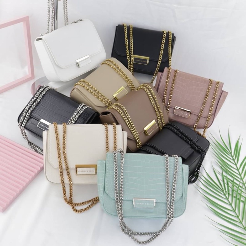 Tas Selempang Rantai Wanita CK Push Lock Crossbody Slingbag Premium Import Hitam Black Croco Kulit B