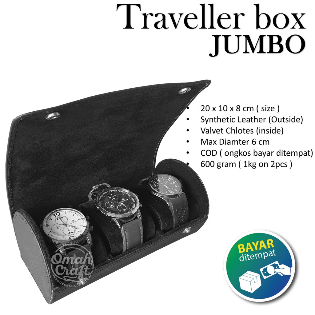 BLACK FULL - Traveller Watch Box isi 3 JUMBO / Kotak Tempat Penyimpanan Jam Tangan