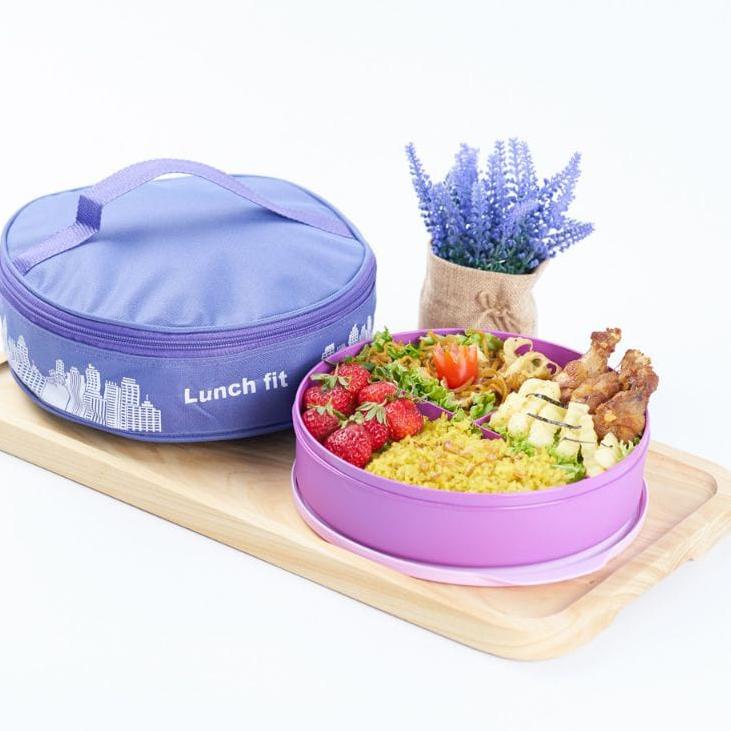 Terbaru.. Tempat Makan Plus Tas Lunch Fit Set / Kotak Makan Plastik 3 Sekat / Bekal Makan Bulat