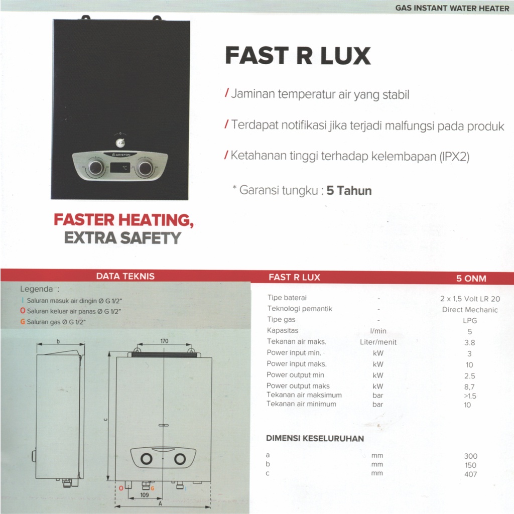 Ariston Fast R LUX 5 liter/menit Instan Gas Water Heater Instan Pemanas Air LPG