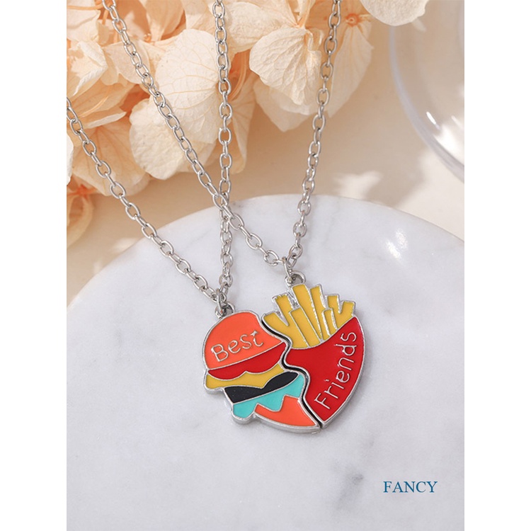 2pcs / Set Kalung Dengan Liontin Bentuk Hati Desain Burger Dan Kentang Goreng