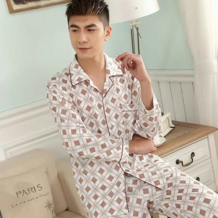 Baju Tidur Pria Dewasa Motif Kotak Kotak 02 Coklat Best Quality