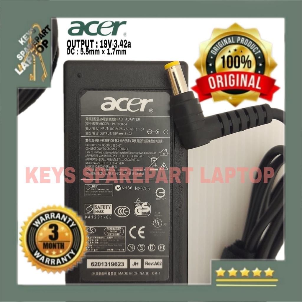 Charger Adaptor Casan Laptop Acer Aspire PA-1650-22 PA-1650-69 PA-1650-86 S3-391 S3-951 E1-531 E1-571 V3-551 Travelmate 6291 M5 481TG 581T  2420 3620 3640 5540 5550 Z3-451 E15 A315 V3 A515 F15 5570 5580 6292 4745G 3820T 4820T A13-045N2A 065N1A original