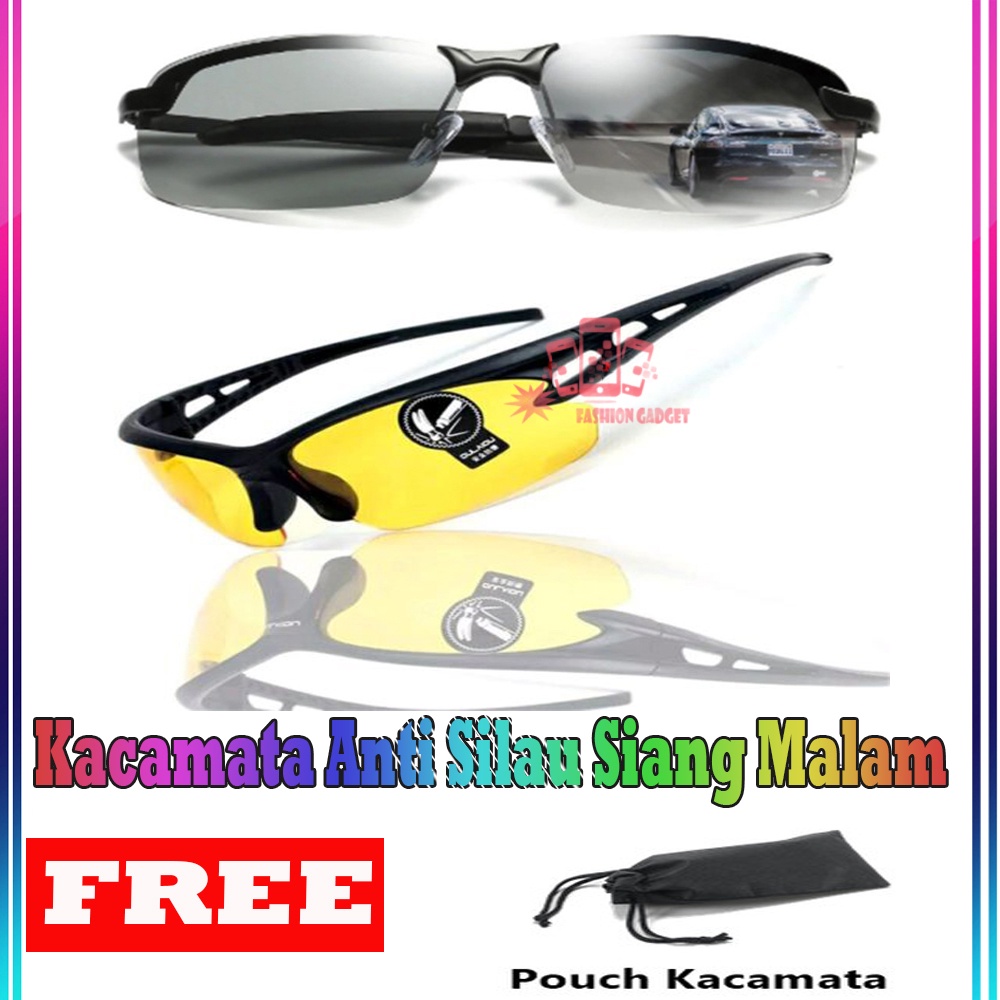 ( Free Pouch ) Kacamata Anti Silau Siang Malam Dan Radiasi HD Vision Sunglass Kaca mata Night Vision ( Free Pouch Sarung Kacamata)