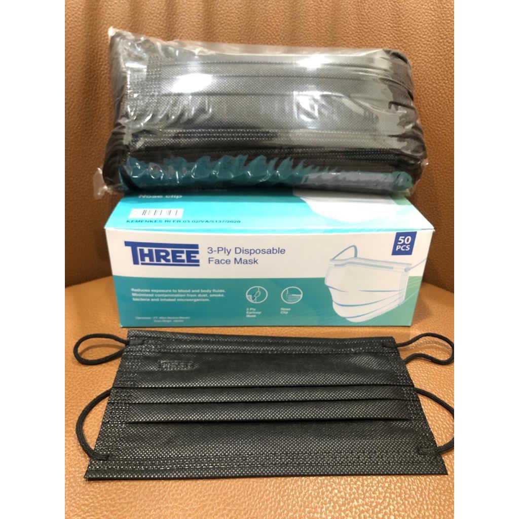 Masker 3pls disposable Three Hitam Kemenkes - isi 50pcs