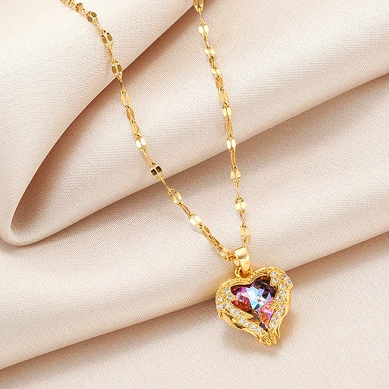 Grosir kalung titanium wanita Sayap Malaikat Cinta Hati Kristal Liontin necklace Korea Fashion Aksesoris