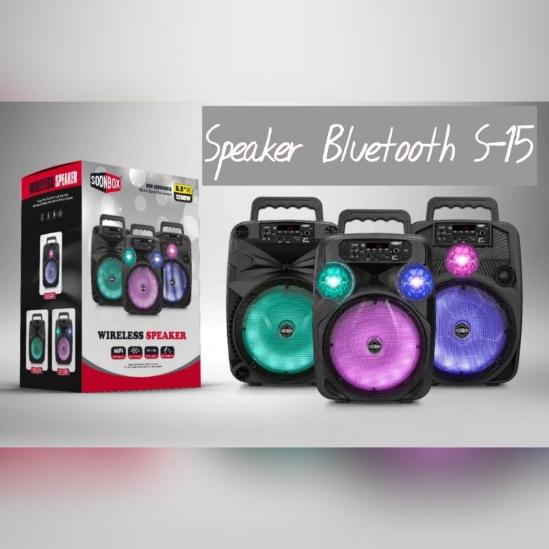 Speaker Bluetooth Wireless Soonbox S-15 + Free Mic Lampu LED GRB Super Bass