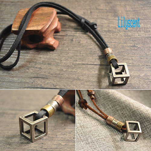 Kalung Choker Tali Kulit Dengan Liontin Kubus Hollow Gaya Retro Punk Untuk Pria Dan Wanita