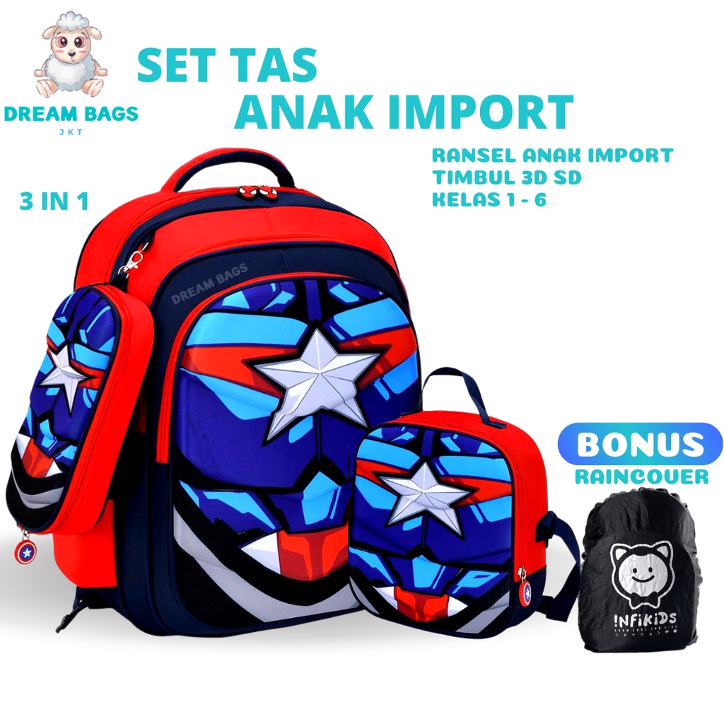 DREAM BAGS 3in1 Tas Ransel Anak Sekolah Import Laki Laki Ukuran SD Tas Anak Cowok