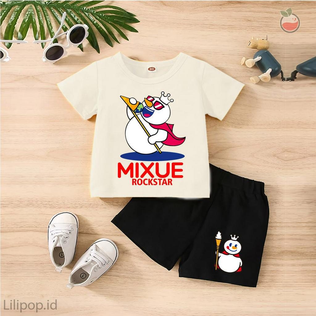 Baju Anak Stelan Kaos 3/4 MIXUE ROCKSTAR Cowok Cewek  Usia 1 - 4  Tahun Celana Pendek Harian