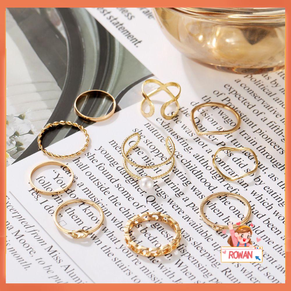 ROW 10pcs Female Jewelry Finger Rings Fashion Wide Chain Rings Set Gift Party Punk Women Girls Irregular Vintage Pearl