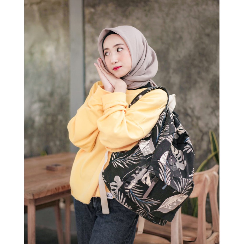 BACKPACK DAUN HITAM // taskanvasbdg - tas kanvas - tas ransel wanita - tas gendong wanita