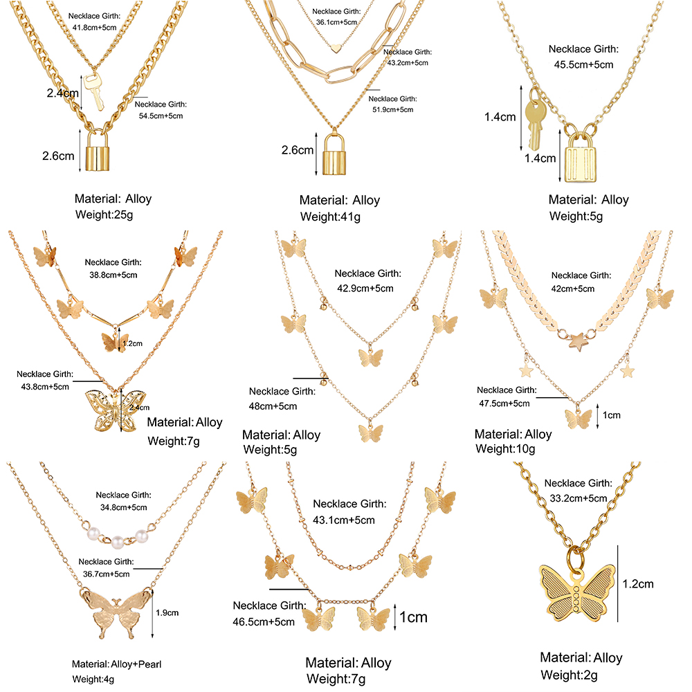 YEEZII Korea Bohemian Kalung Emas Fashion Retro Kupu-kupu Kunci Liontin Multilayer Rantai Kalung Aksesoris Hadiah