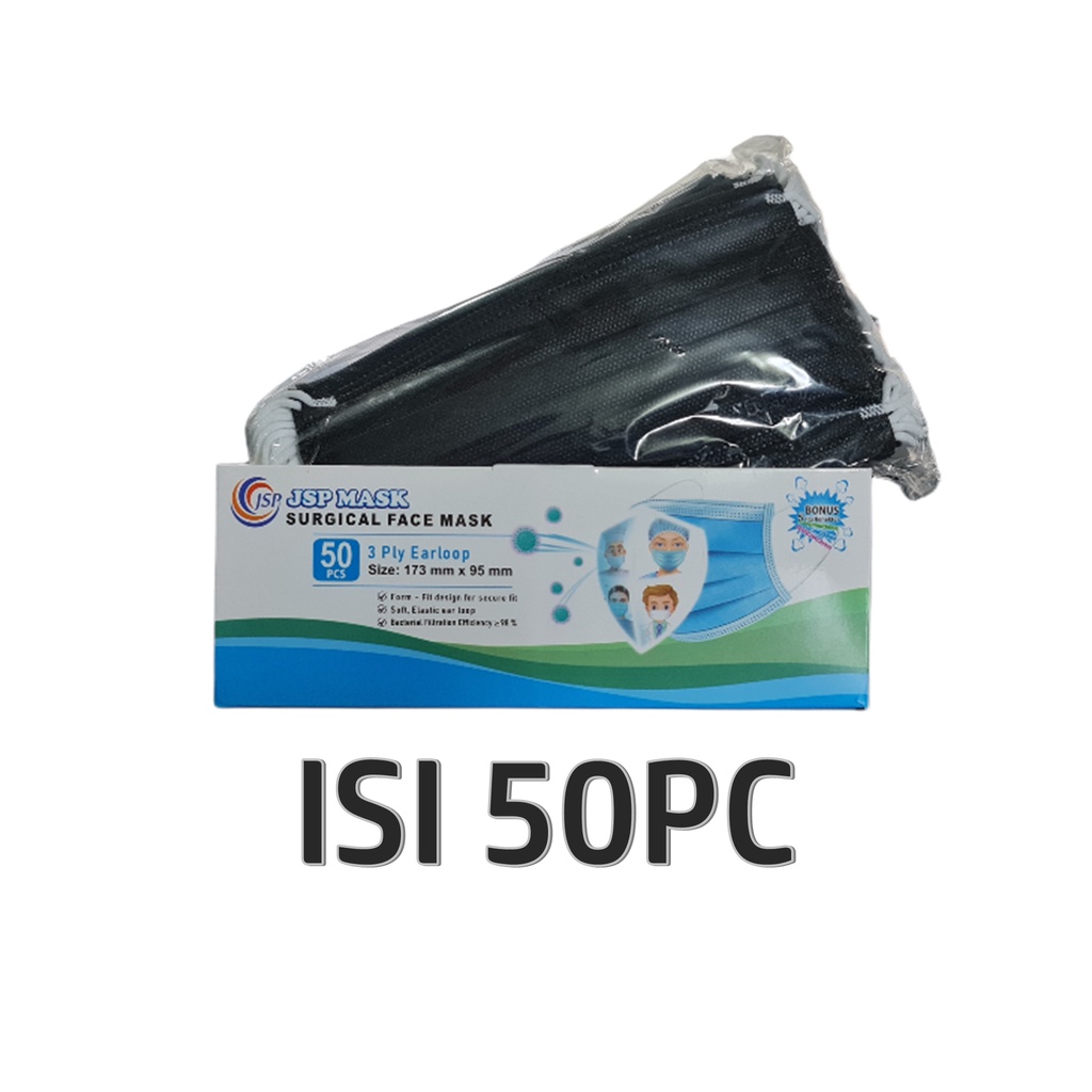 Masker Hitam JSP Izin Kemenkes  Earloop 3Ply Isi 50PC + BOX Disposable Protective Mask