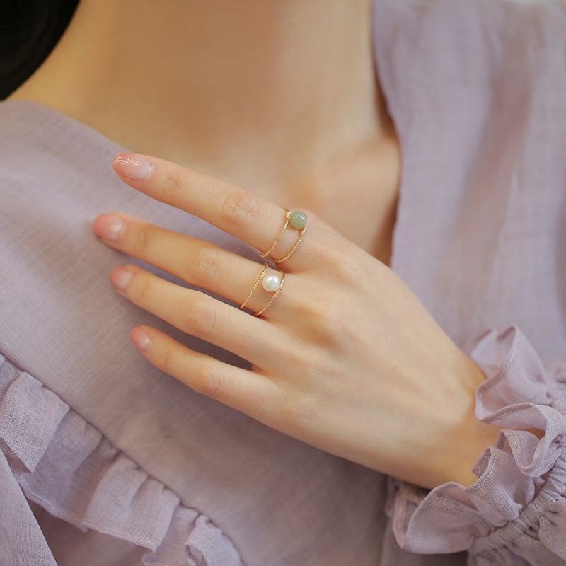 Cincin Ganda Manik-Manik Giok Hetian Alami Gaya Vintage Untuk Wanita