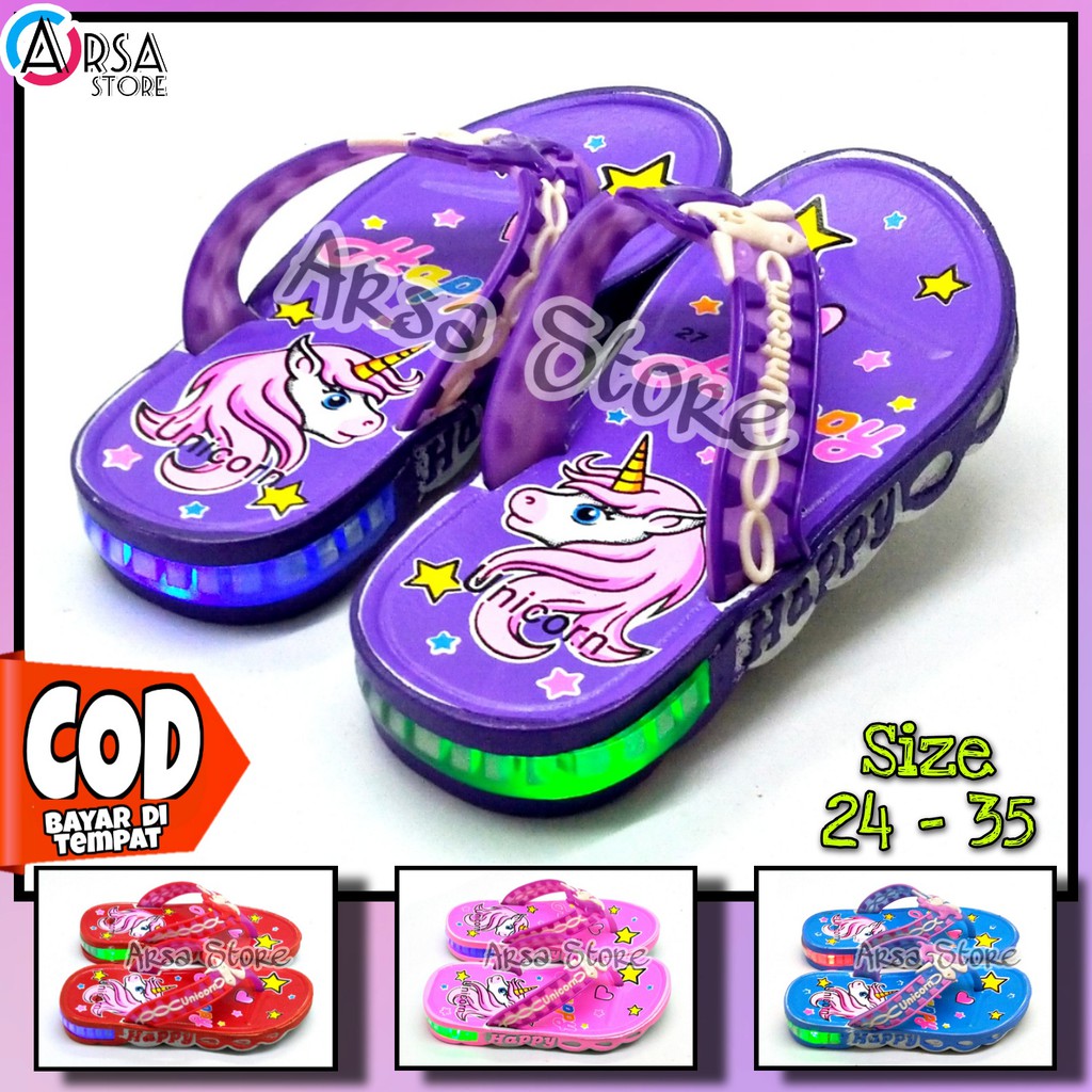 Sendal Nyala Anak Perempuan Unicorn / Sandal LED Lampu Anak Cewek Kuda Poni Umur 1 2 3 4 5 6 7 Tahun