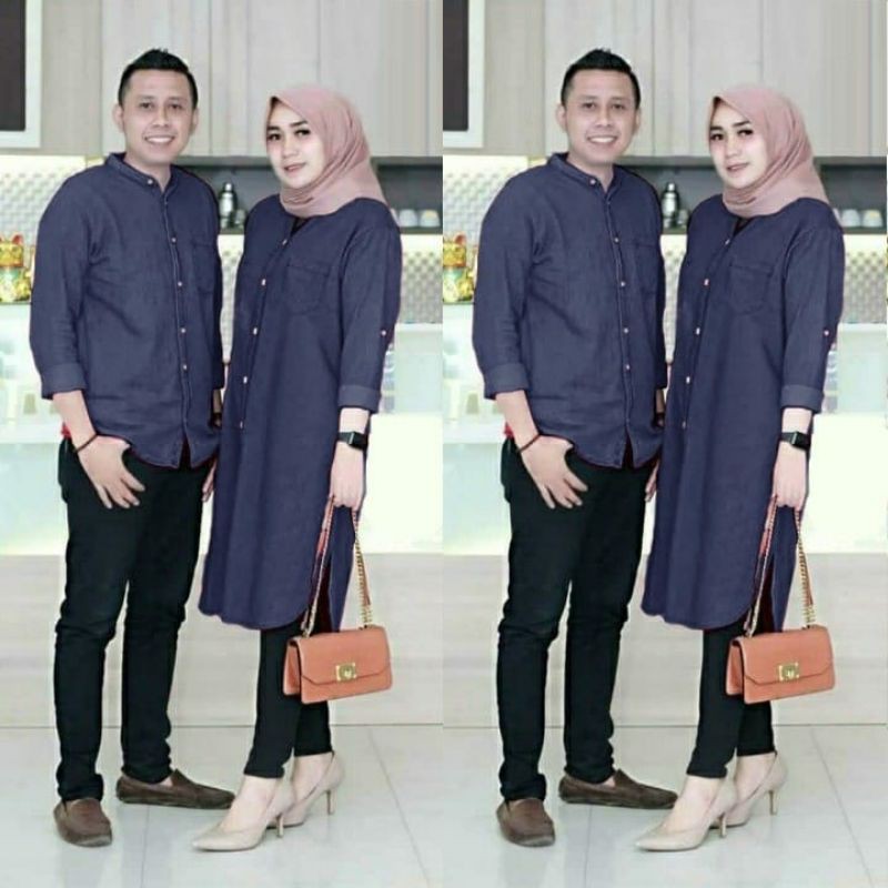 PCS CP COUPLE JEANO PASANGAN KEMEJA COWO DAN TUNIK CEWE KATUN DENIM 3 UKURAN L XL XXL PMS ADA VIDEO REVIEW ASLI PRODUK