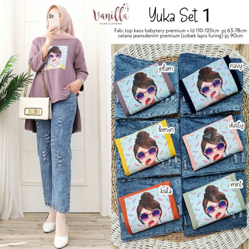 YUKA SET 1 ORI VANILLA • Setelan Wanita kaos+celana pinggal karet