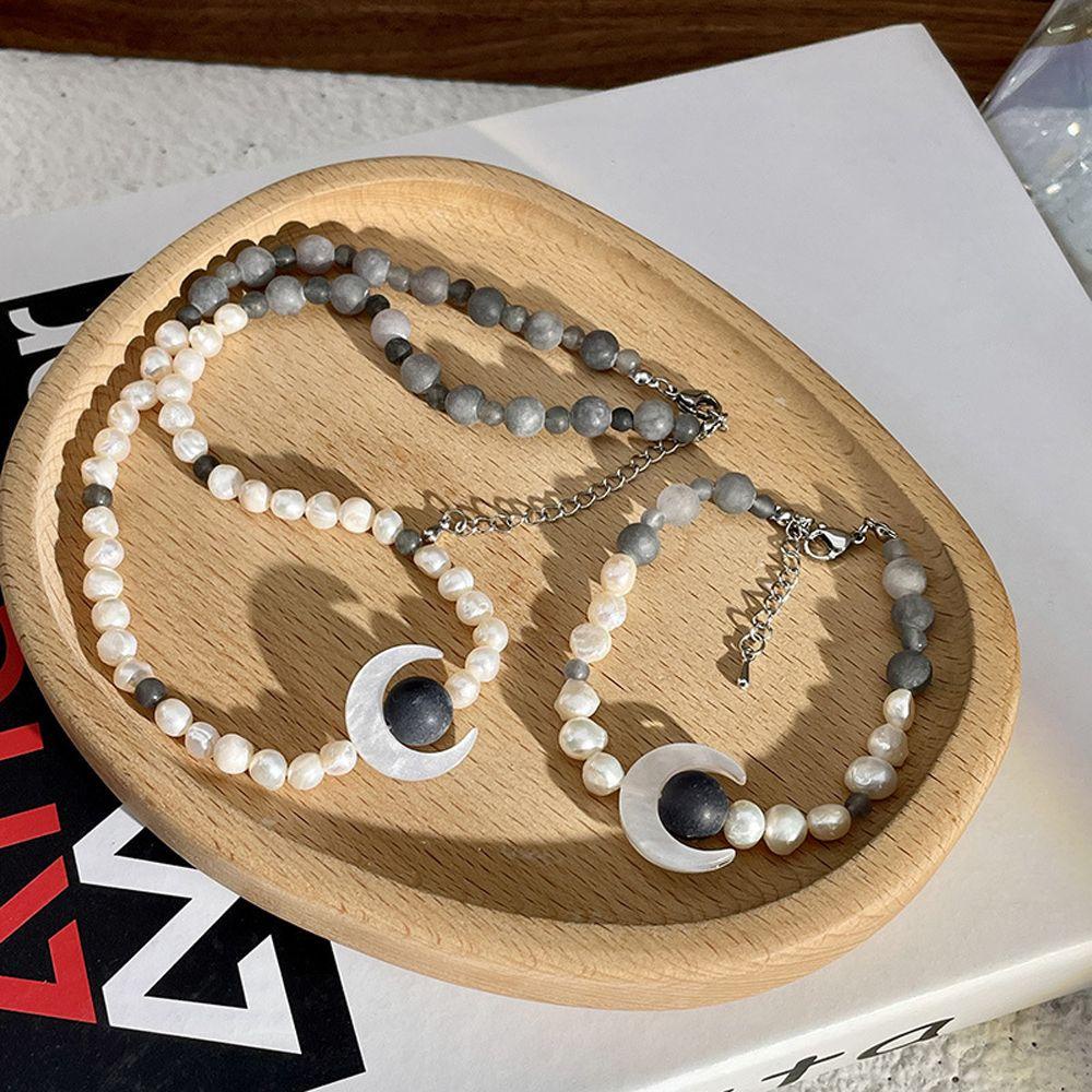 NEEDWAY Needway Wanita Kalung Kreatif Fashion Mutiara Bulan Cinta Antara Peri Dan Setan Klavikula Rantai Kalung Sabit Liontin Kalung