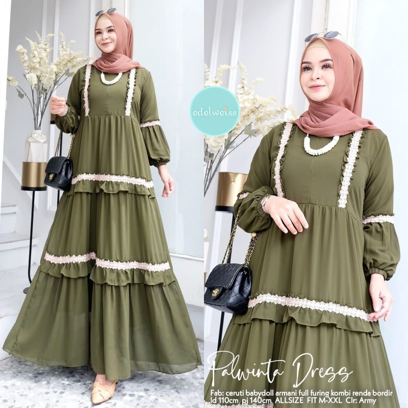 Palwinta Dress by Edelweiss Bahan Ceruty Full Furing Mix Renda | Gamis Susun Syari