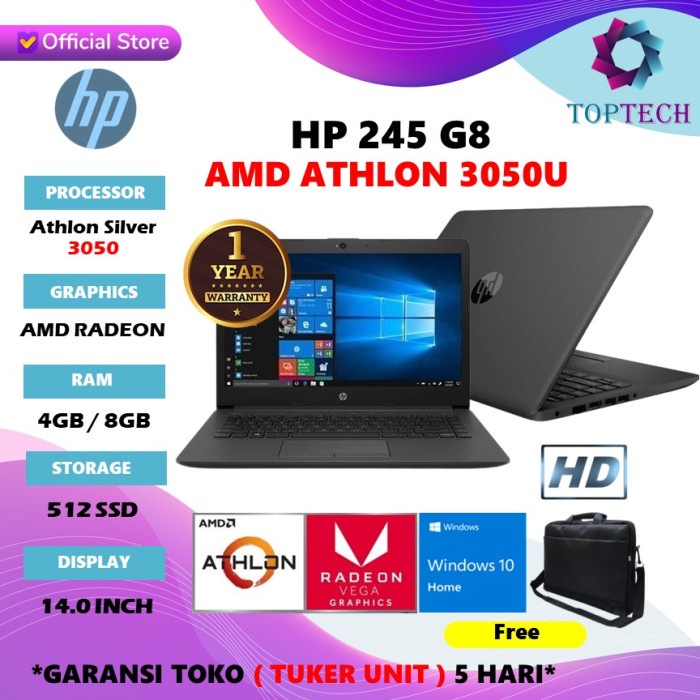 {MahesStore} HP 14S DK1524AU - ATHLON 3050 4GB 512SSD 14.0HD W10OHS - HP 245 G8 NON BUNDLING Diskon