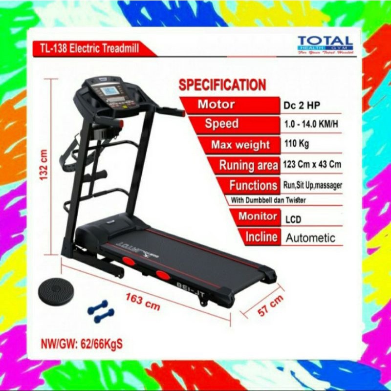Treadmill elektrik tl138/treadmill tl 138/treadmill auto incline tota TL 138