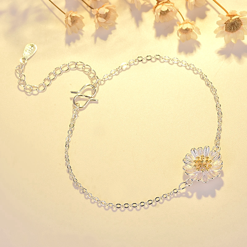 Perhiasan Wanita Kalung Cincin Gelang Daisy Flower Silver Necklace Ring Bracelet Women Jewelry Set Accessories Gifts