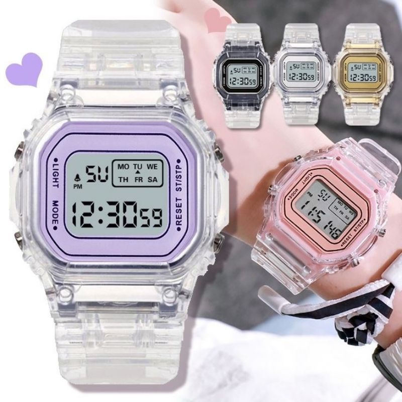 [BISA COD✓] Jam Tangan Couple Wanita Pria Digital Transparan Square Dial Couples Watch Import Fashion Korea Style Sport Strap Rubber Led Digital Terlaris