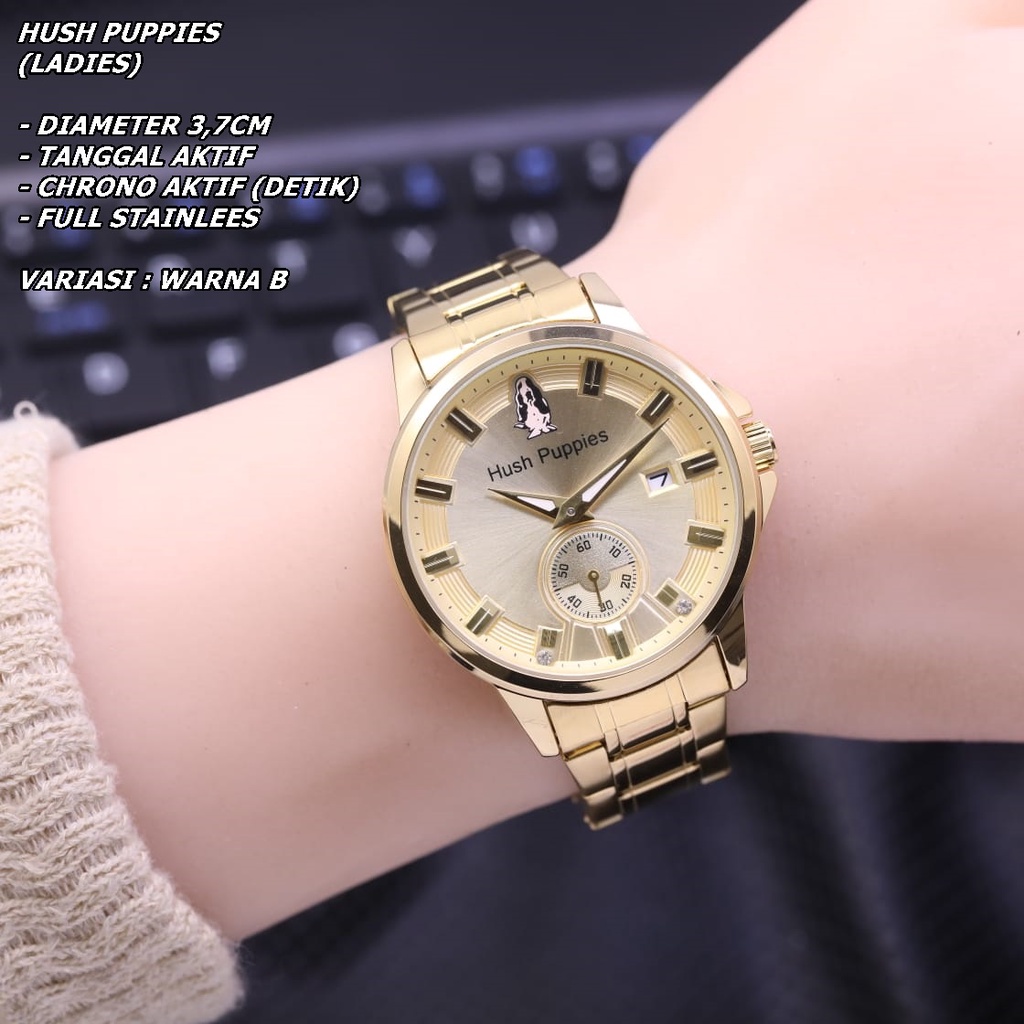 JAM TANGAN WANITA HUSH PUPPIES RANTAI BODY BULAT TANGGAL &amp; CHRONO AKTIF