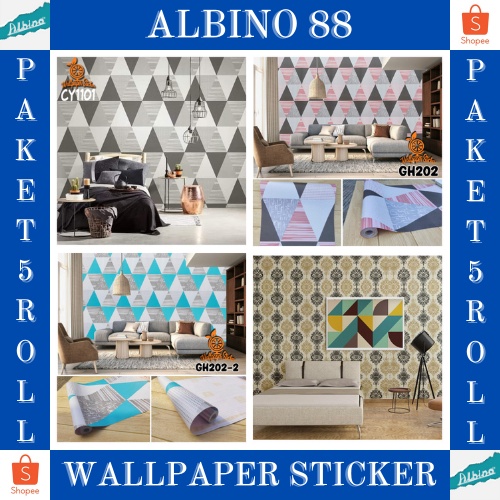 ALBINO88 WALLPAPER STICKER DINDING TRIANGLE WALLPAPER TEMBOK RUANG TAMU MURAH PAKET 5 ROLL