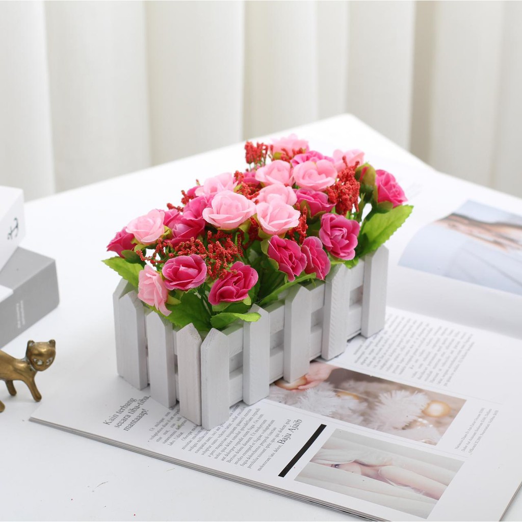 AM317 Bunga Plastik/Bunga Plastik Mawar Pot Bentuk Pagar/Bunga Dekorasi-Fanta