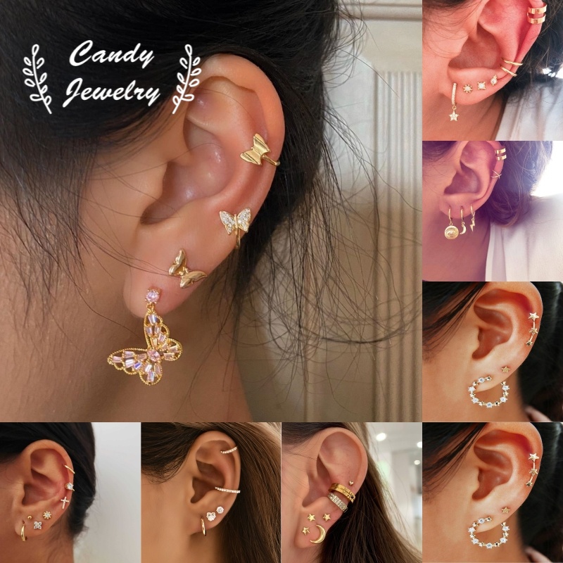 Set Anting Stud Desain Kupu-Kupu Bintang Bulan Lingkaran Geometris Aksen Berlian Imitasi Warna Permen Untuk Wanita