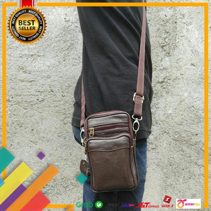SALE.. TAS SELEMPANG PRIA KULIT ASLI / TAS PINGGANG UNTUK HP MURAH - HITAM ..TERLARIS