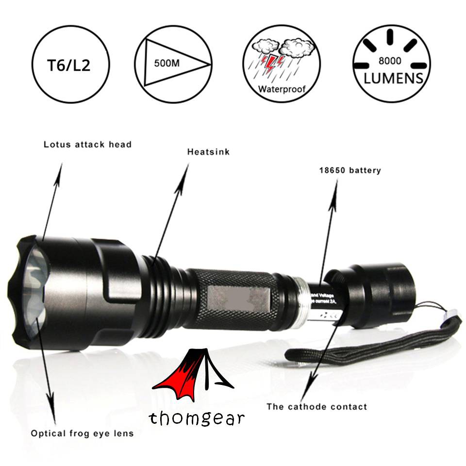 Thomgear Taffled Paket Senter Led Flashlight Cree Q5 4000 Lumens + 1xbattery + Charger + Box - C8 Jm