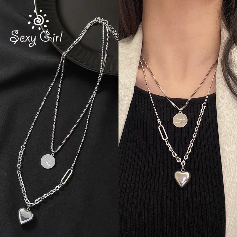 Kalung Rantai Klavikula Lapisan Ganda Bahan Titanium Steel Gaya Korea Untuk Wanita