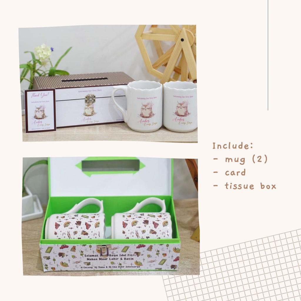 CUSTOM NAMA Souvenir/Hampers Ulang Tahun Mug Kotak Tissue | Souvenir Ulang Tahun Anak | Box Tisu