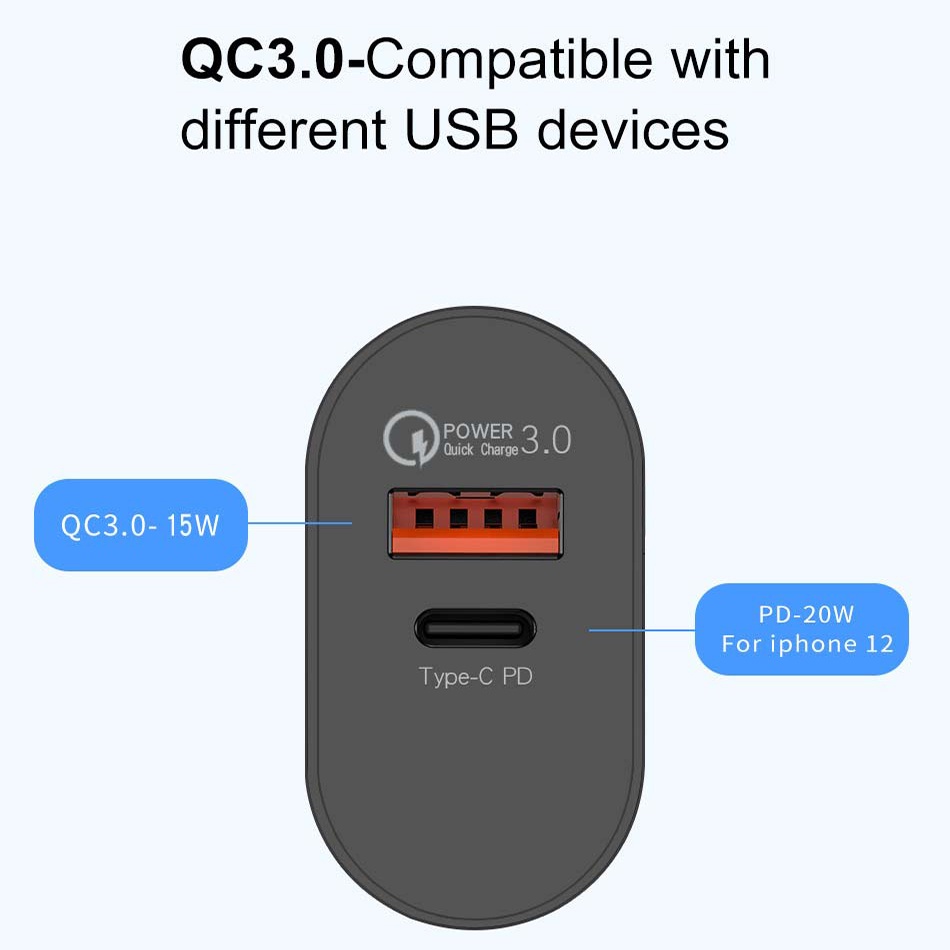 US EU PD12W Mobile Phone Fast Charging Head/ 5V2.4A PD Quick Charge Usb Charger/QC3.0 Type C Travel Wall Charger