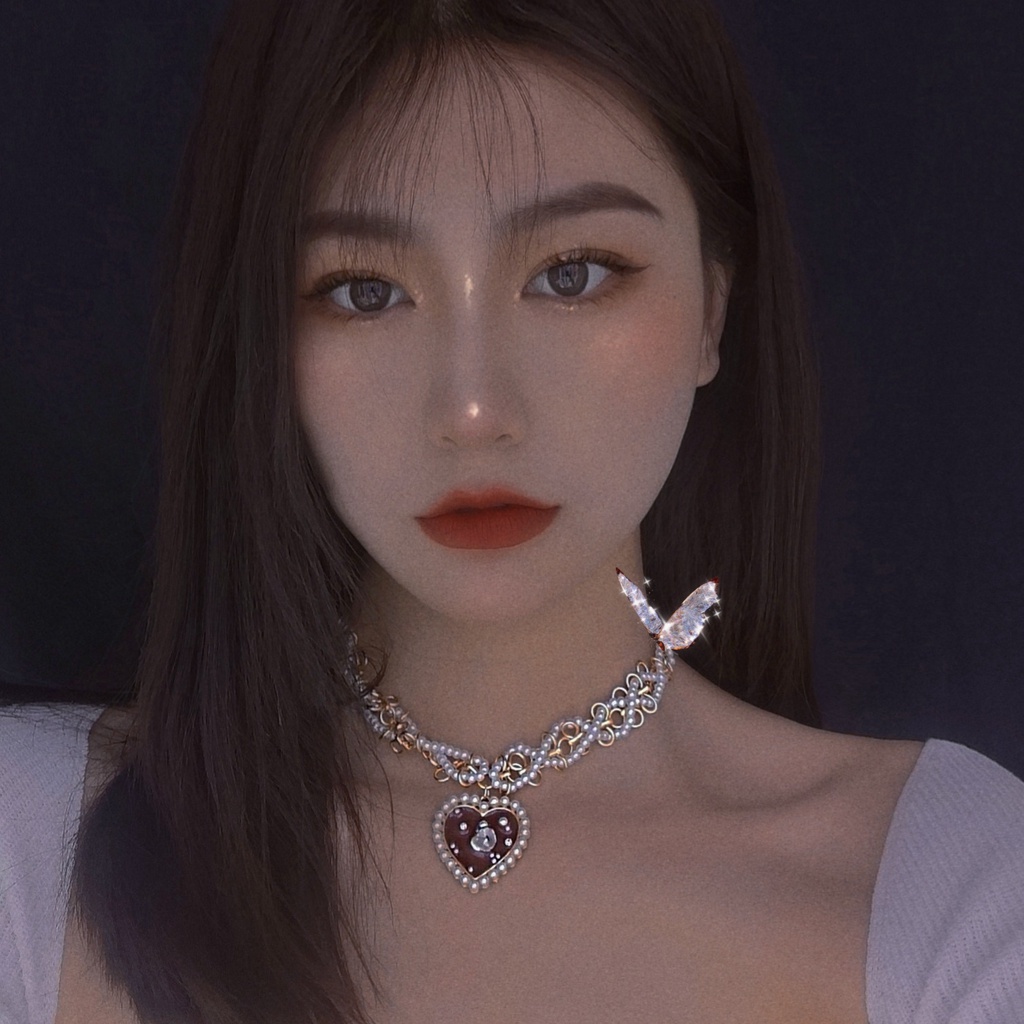 Kalung Choker Rantai Klavikula Hias Mutiara Imitasi Hati Merah Gaya retro Perancis Untuk Wanita