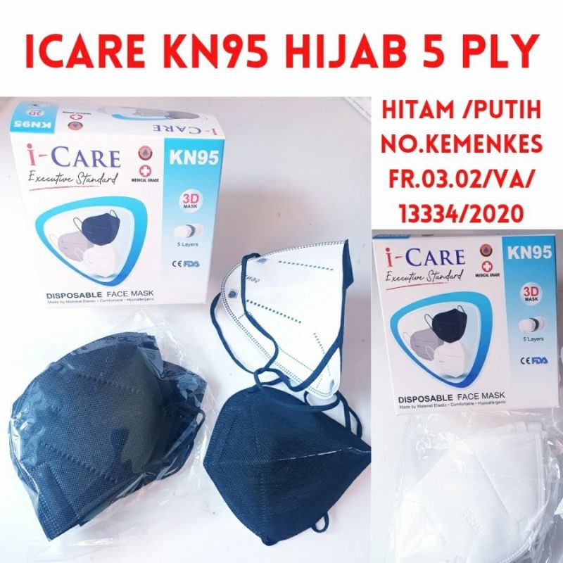 10PCS MASKER KN95 I-CARE HEADLOOP HIJAB 5PLY WARNA HITAM DAN PUTIH