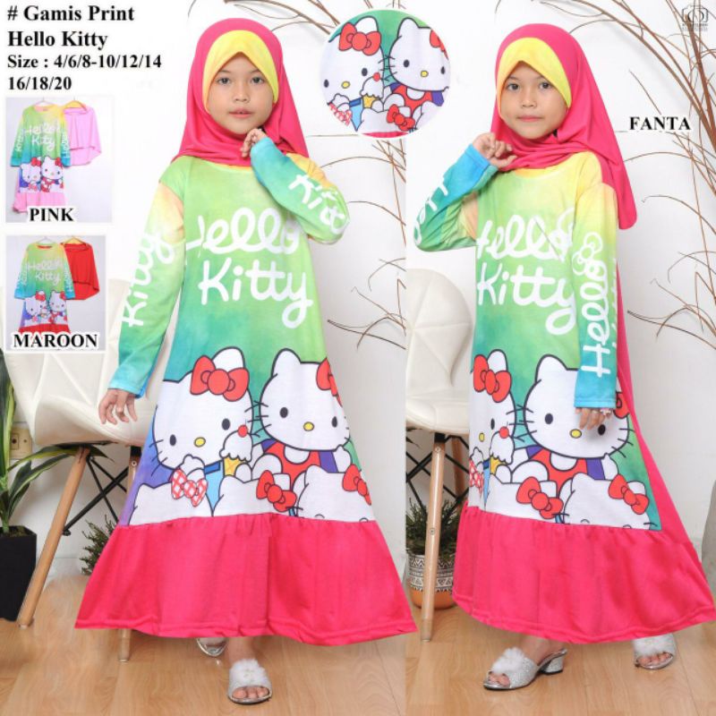 GAMIS ANAK PRINTING SET HIJAB 2-10 TAHUN/BAJU MUSLIM NGAJI ANAK PEREMPUAN BTS KITTY BAHAN BABYTERRY 