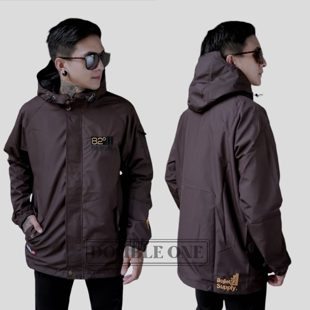 DOUBLE ONE - Jaket Hoodie Parasut Casual Reglan Original THE BOJIEL  / Jaket Taslan Pria / Jaket Waterproof Brown