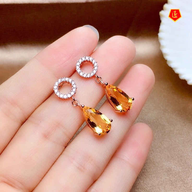 [Ready Stock]New Citrine 925 Silver Colored Gems Stud Earrings